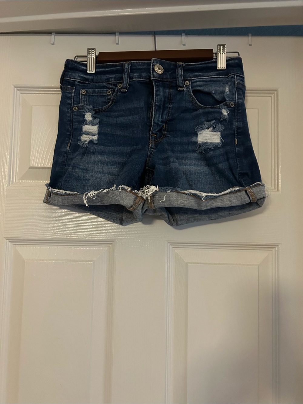American Eagle Outfitters Dark Blue Distressed Roll-Hem Denim Shorts